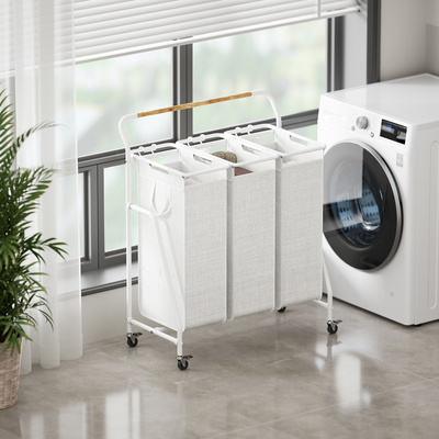 acheter Panier à linge en fil métallique avec poignée et roues en bambou Utilitaire 3 Division Grande capacité KD Structure panier à linge fabrication en ligne
