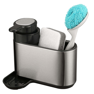 Étagère d'organisation d'évier de cuisine en acier inoxydable avec pompe à liquide et porte-éponge