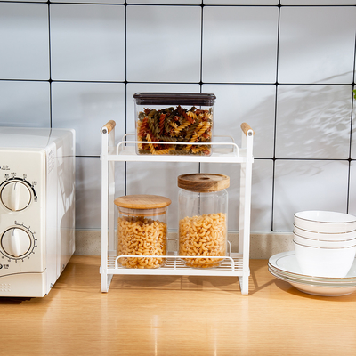 Organiseur de cuisine de 2 niveaux multifonctionnel Compact Organiseur de cuisine Rack d'épices Manche en bois Rack de rangement de cuisine en métal