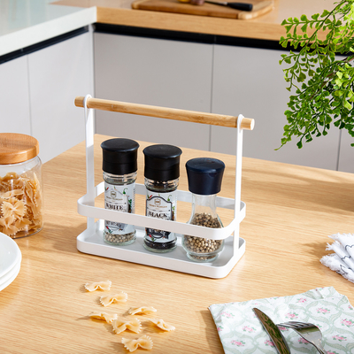 Organiseur de cuisine Cuisine Portable Plateforme en acier Rack d' épices paniers en fil avec poignée de bois Organiseur d' assaisonnements