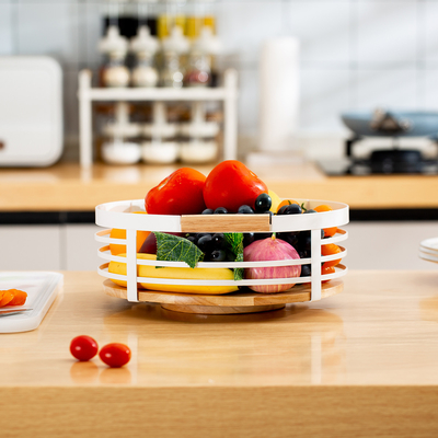 Organiseur de cuisine moderne 360 rotatif Blanc maison Organiseur de table en métal poignée en bois panier de rangement en fil de fer