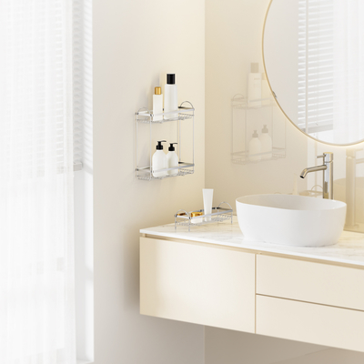 2 niveaux Facile à installer Pas de forage Monté sur le mur Douche Caddy en acier inoxydable Rack d'organisation pour salle de bain