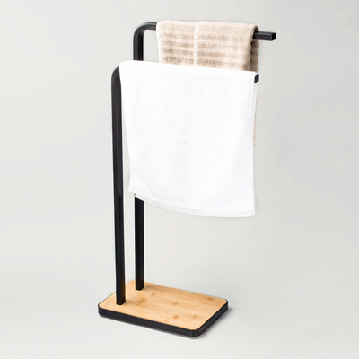 Nouveau support de serviette de bain noir porte-toilettes avec deux bras main libre salle de bain debout porte-toilettes en bois de bambou